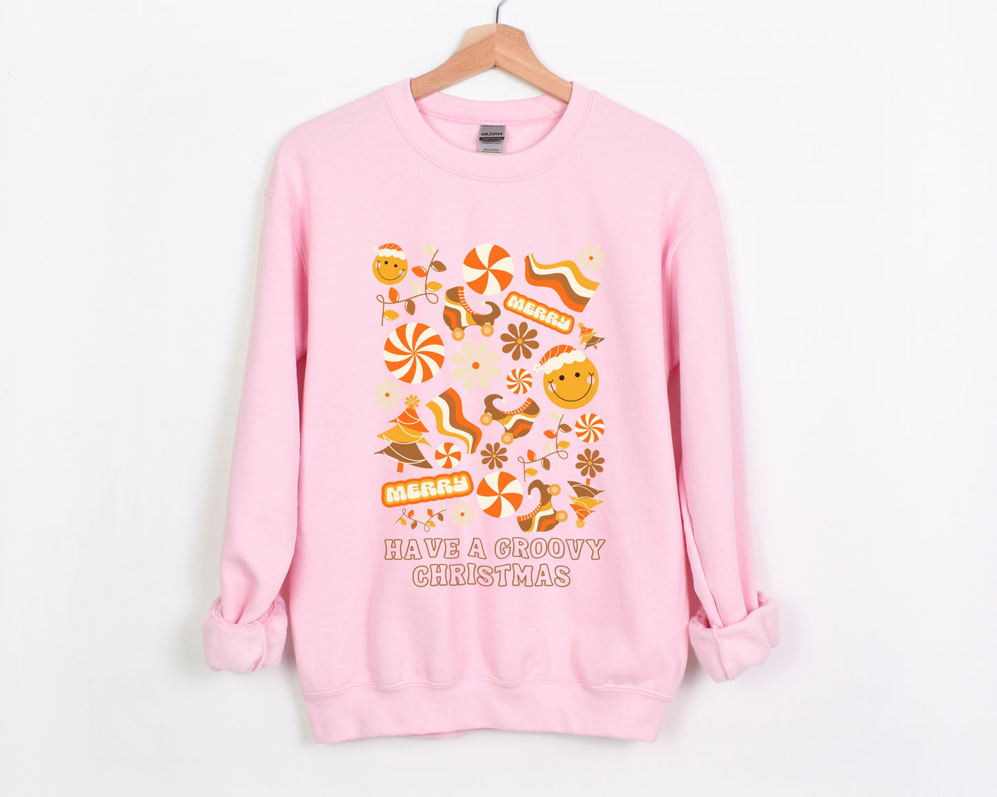 Have a Groovy Christmas Crew Neck Sweatshirt in Pink