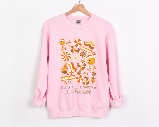 Have a Groovy Christmas Crew Neck Sweatshirt in Pink