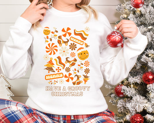 Have a Groovy Christmas Crew Neck Sweatshirt in White